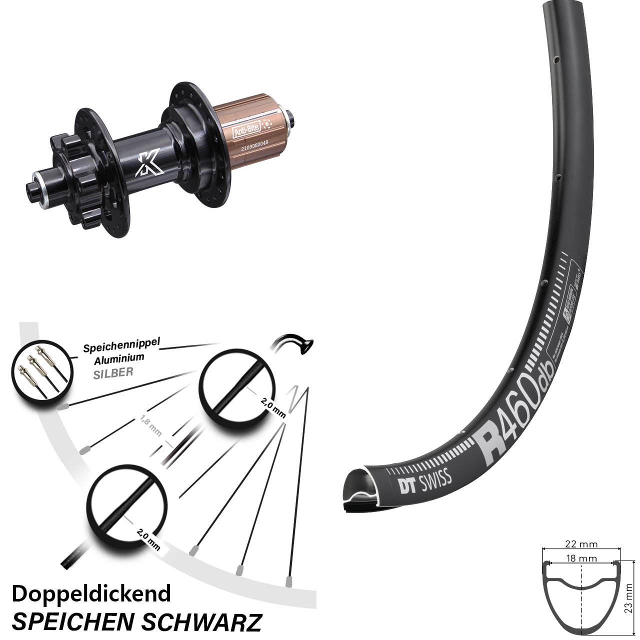 6-Loch Hinterrad für Schnellspanner 28 Zoll DT Swiss R460 KX-M 8-12 fach HG
