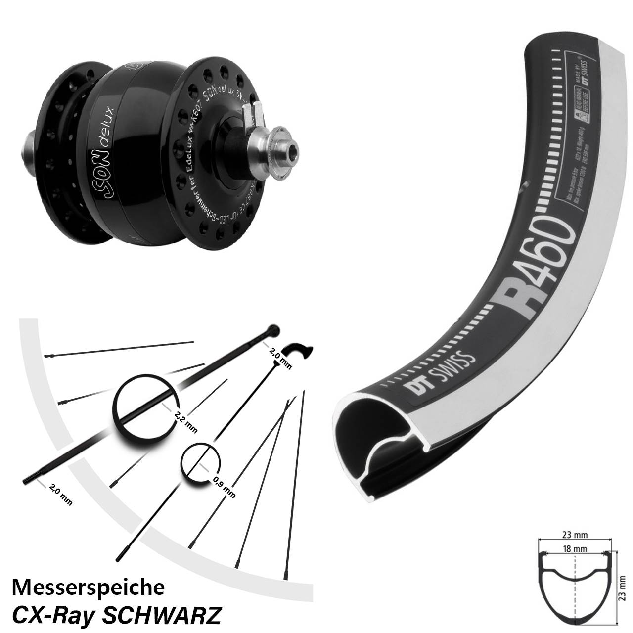 SON delux Rennrad Vorderrad 28 Zoll DT Swiss R 460 QR CX Ray