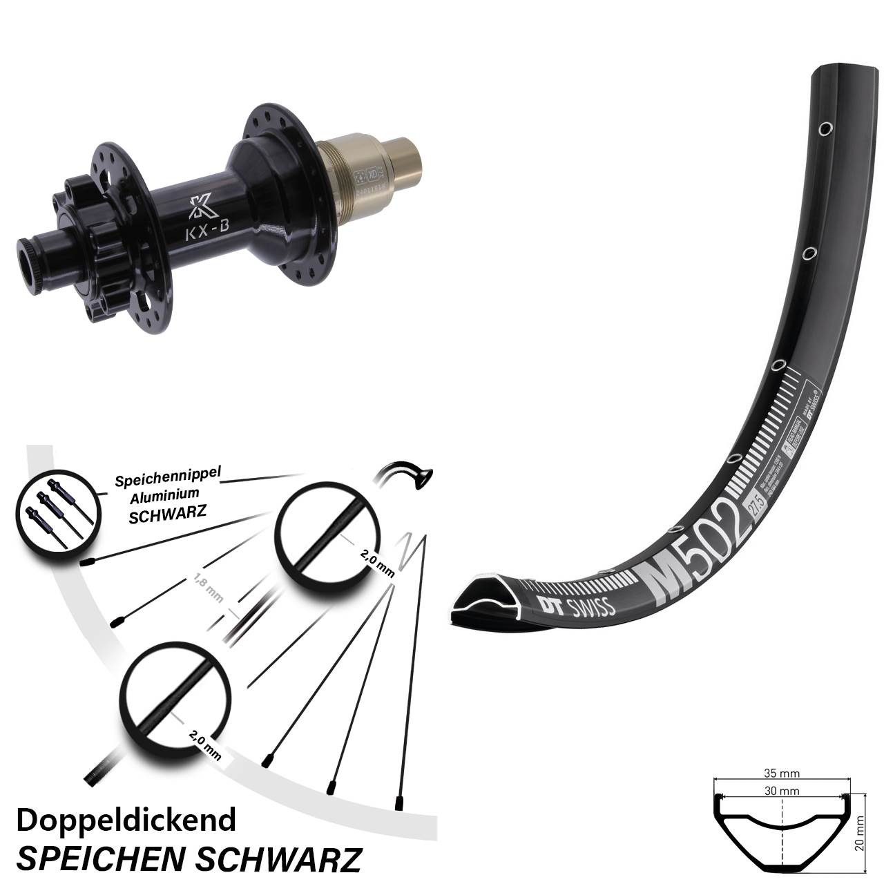 DT Swiss M 502 27,5 Zoll Hinterrad KX-B 6-Loch XD 12x148