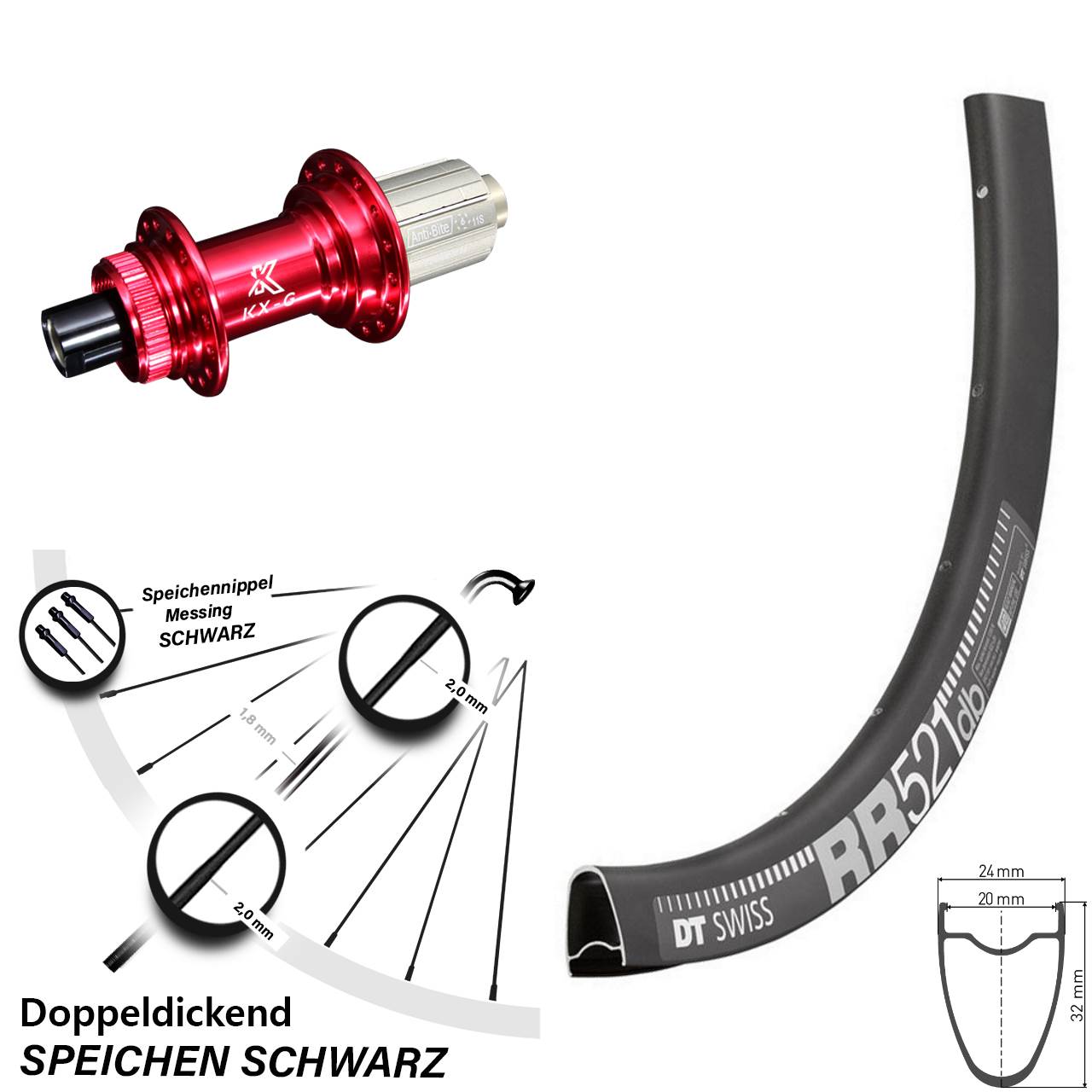 KX-G Nabe rot Steckachse 8-12 fach DT Swiss RR 521 DB Hinteres Rad 28 Zoll Centerlock