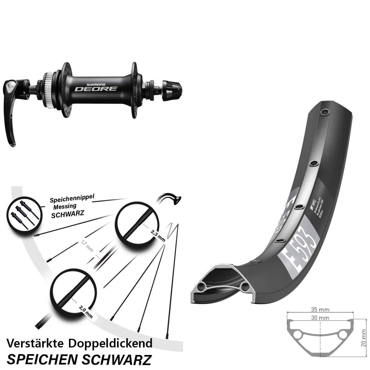 29 Zoll DT Swiss E593 Shimano Deore Centerlock Vorderrad für Schnellspanner