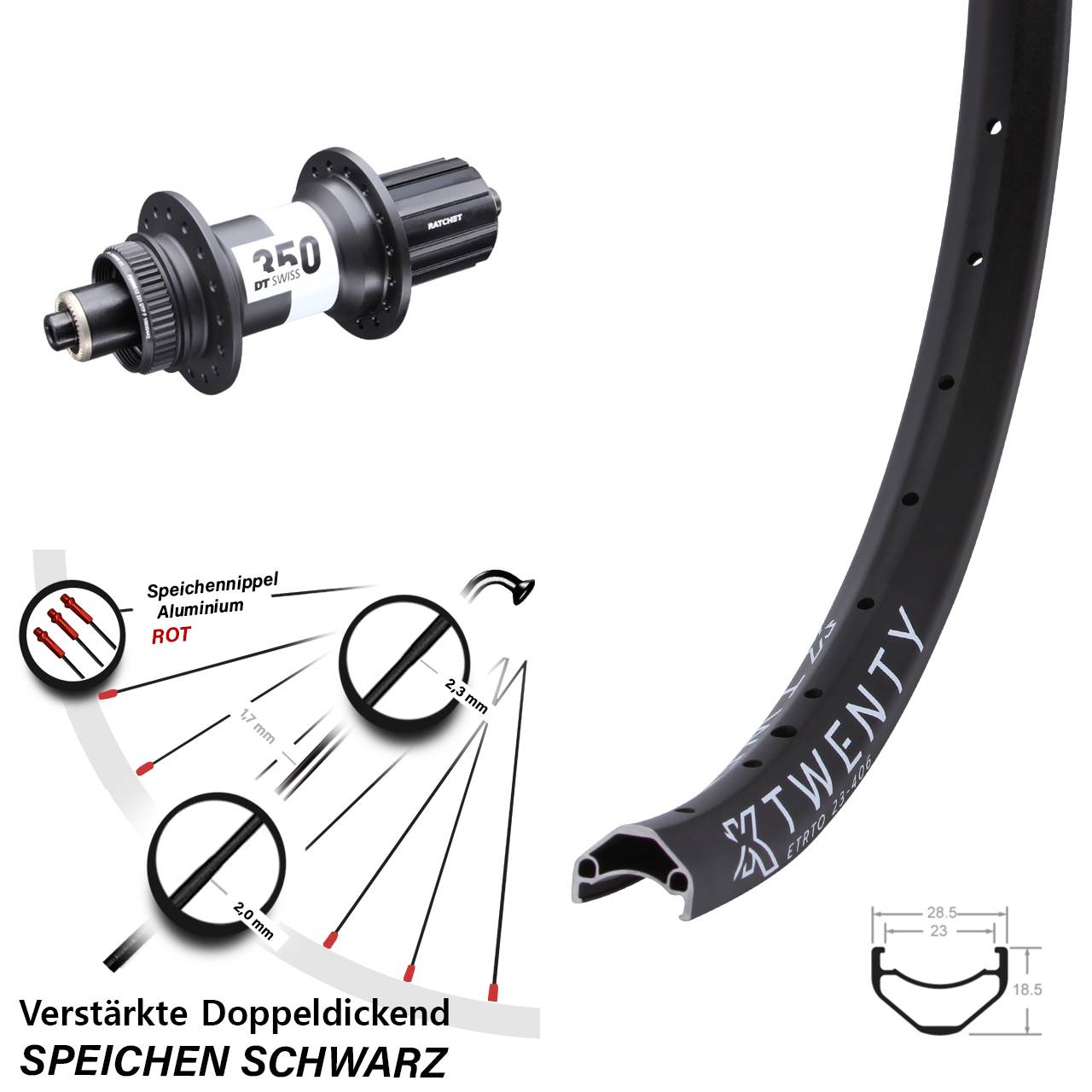Disc Hinterrad 20 Zoll KX Twenty DT Swiss 350 8-11 fach HG für Schnellspanner