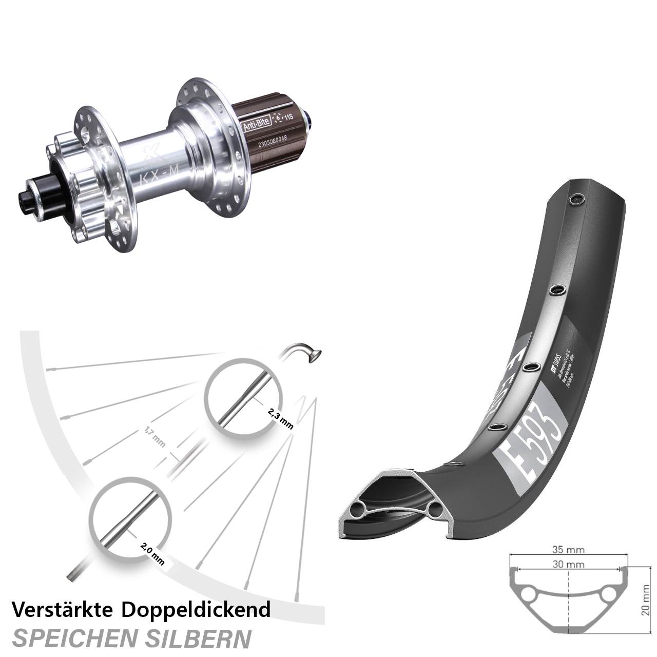 DT Swiss E 593 KX-M 650B 6-Loch Hinterrad für Schnellspanner 8-12 fach