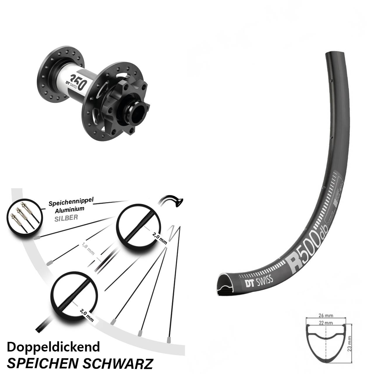 Vorderrad DT Swiss 350 R 500 28 Zoll 6-Loch für 15 mm Steckachse