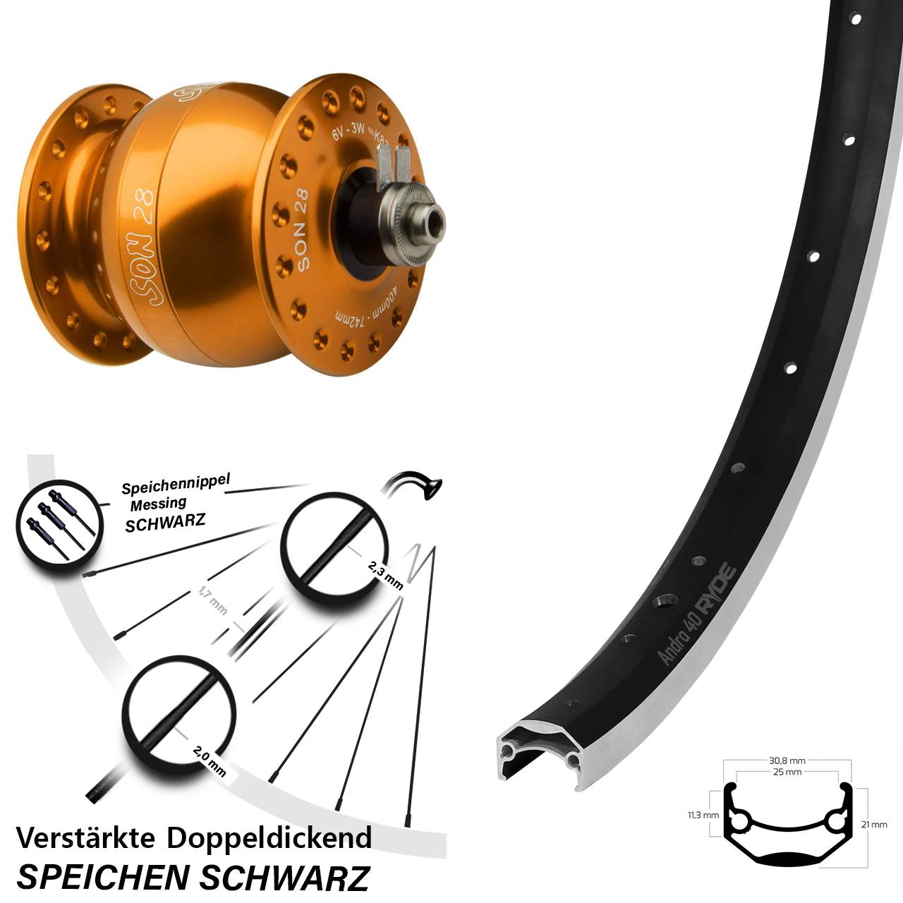 Nabendynamovorderrad für Schnellspanner 27,5 Zoll Ryde Andra 40 SON 28 orange