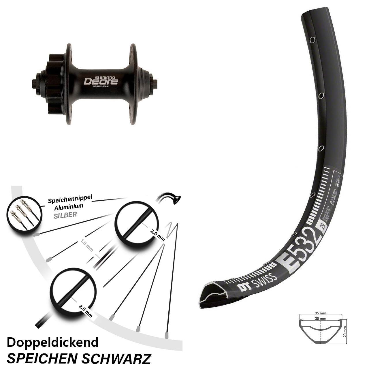 29 Zoll DT Swiss E532 Shimano Deore HB-M525 Disc Laufrad QR