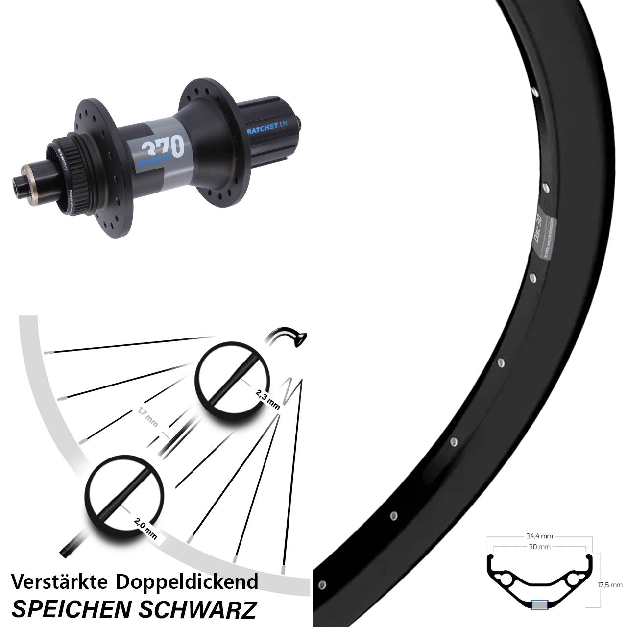 Boost Centerlock Hinterrad QR 27,5 Zoll Ryde Disc 30 DT Swiss 370 Hybrid 8-11 fach