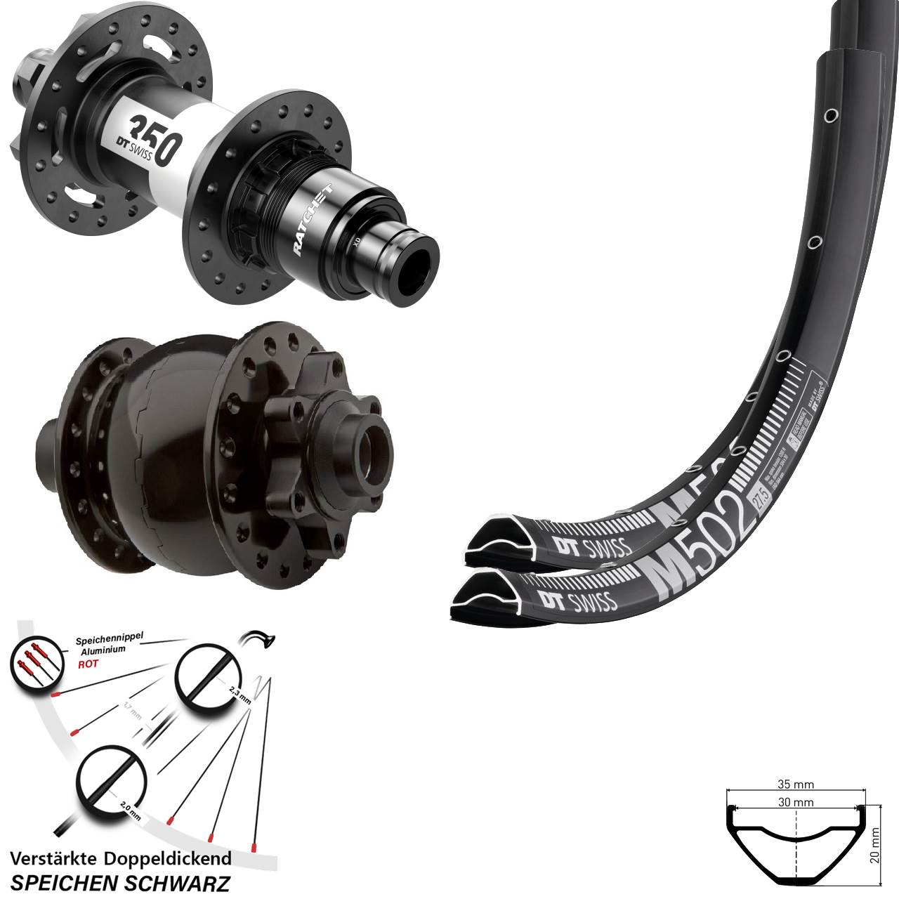 27,5 Zoll DT Swiss M 502-350 Ratchet 36 SON 28 Disc Laufrad-Satz 15x100 12x142 SRAM XD