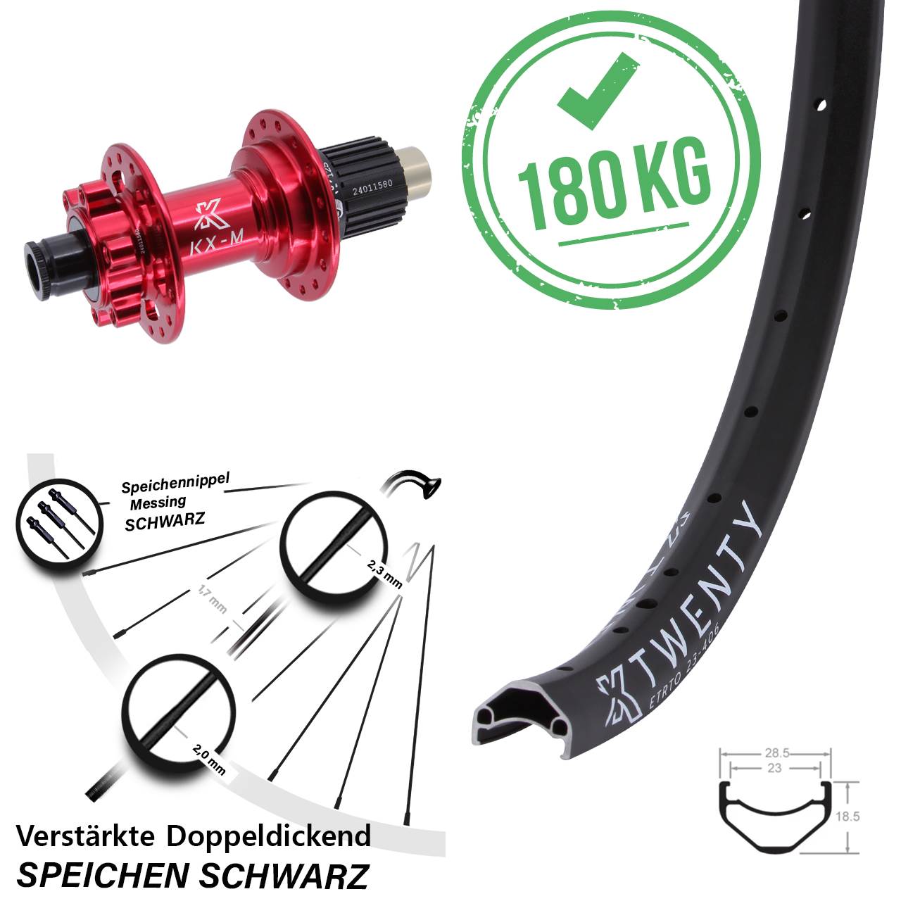 20 Zoll KX-M Twenty rot Hinterrad 6-Loch 12x142 Shimano Micro Spline