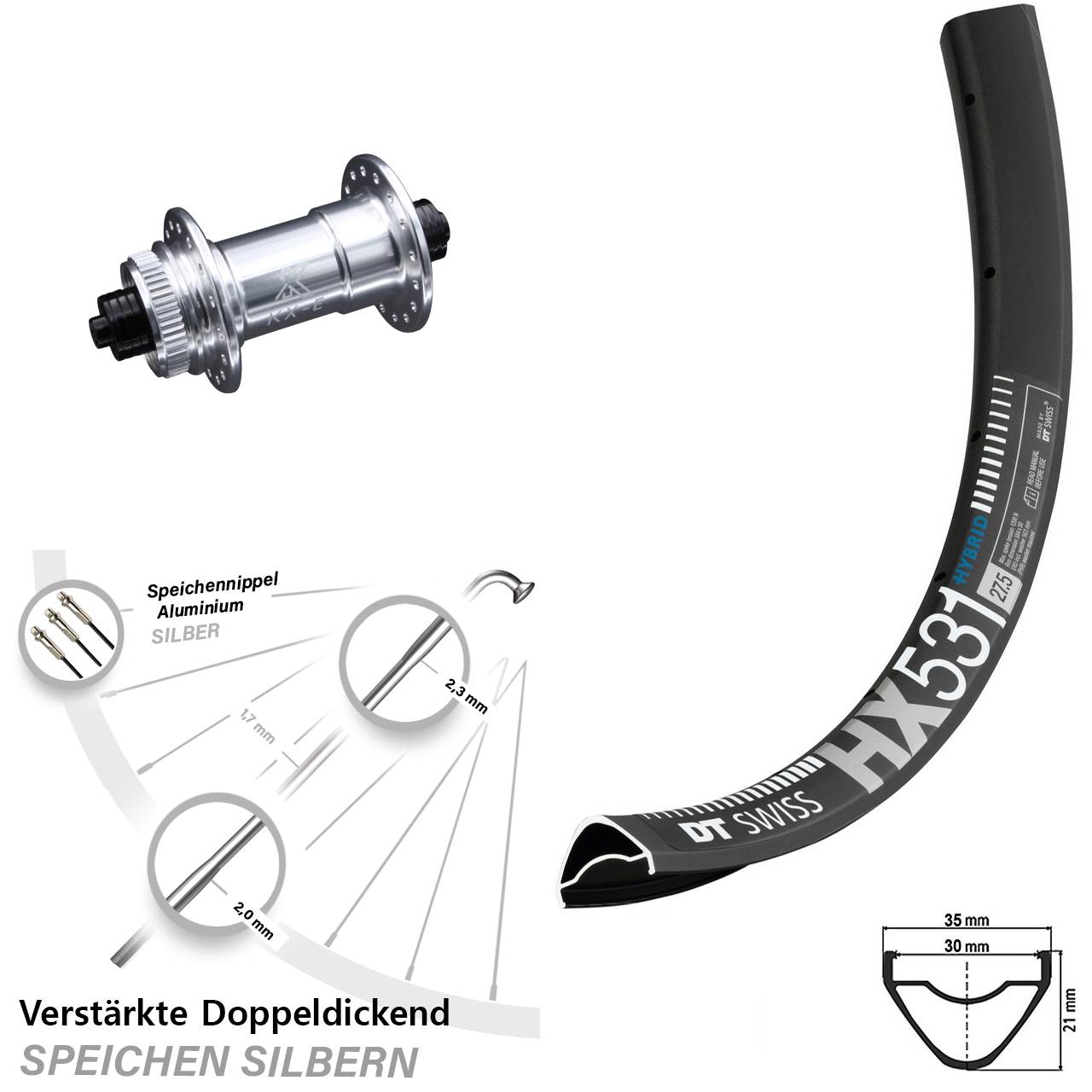 DT Swiss HX 531 Disc-Vorderrad 29 Zoll KX-E Centerlock 5x100 mm silbern eloxiert