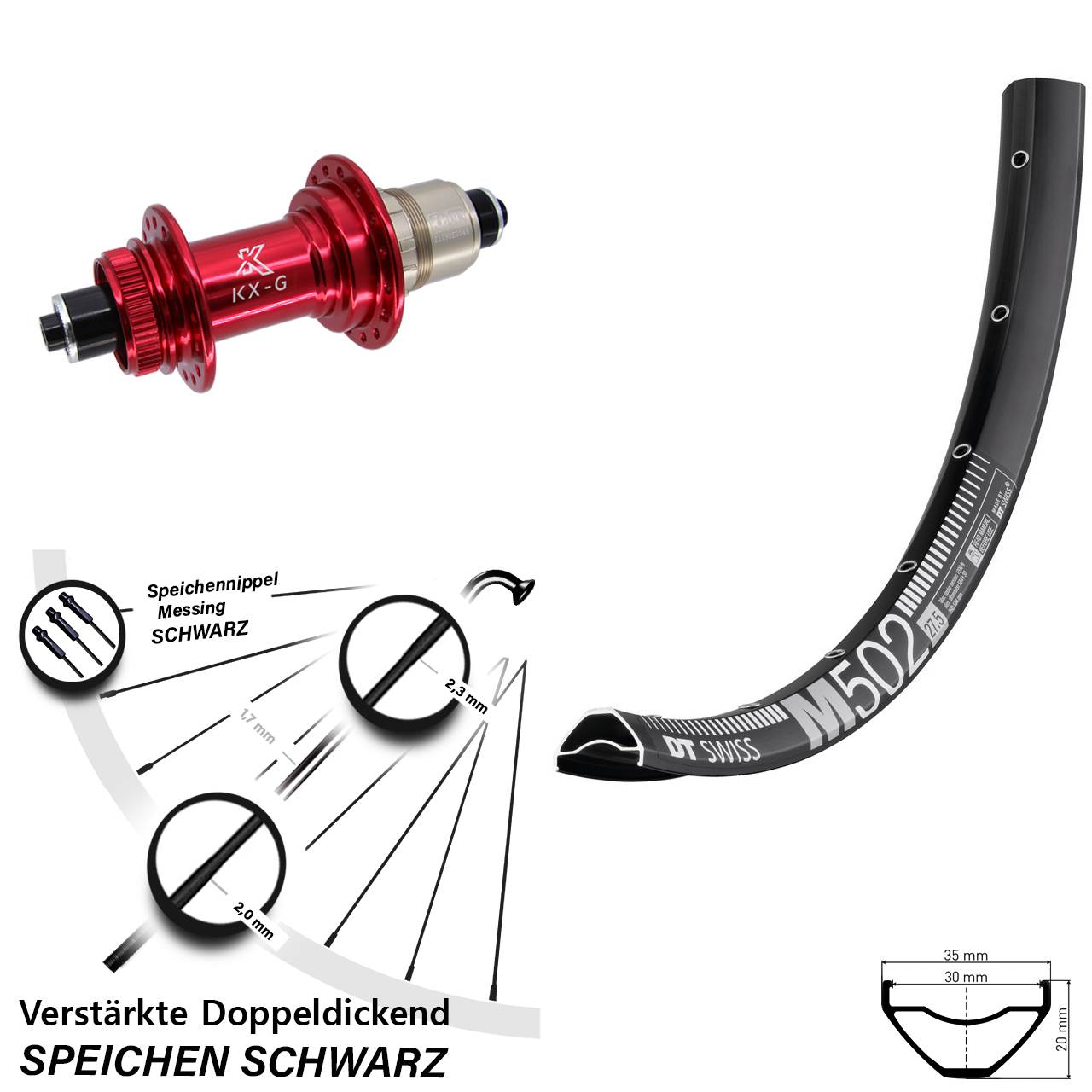 DT Swiss M502 KX-G rot 27,5 Zoll Centerlock Hinterrad für Schnellspanner SRAM XDR