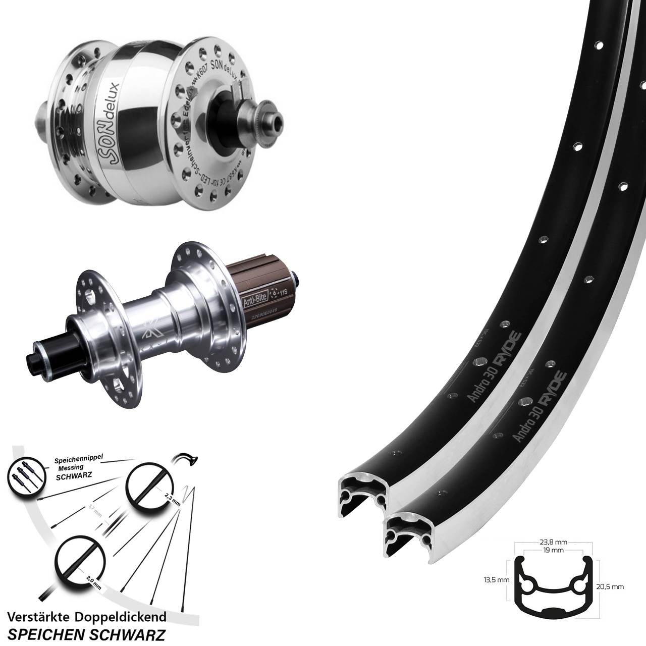 Laufradsatz für Schnellspanner 26 Zoll Ryde Andra 30 KX-T SON delux 8-12 fach HG