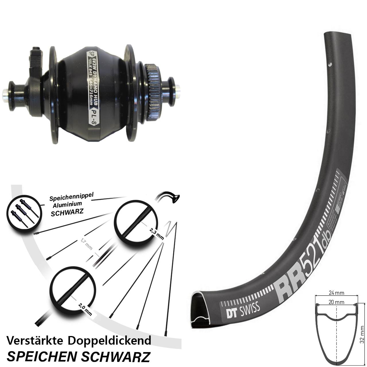 DT Swiss RR521 Shutter PL-8 28 Zoll Nabendynamovorderrad Centerlock für Schnellspanner