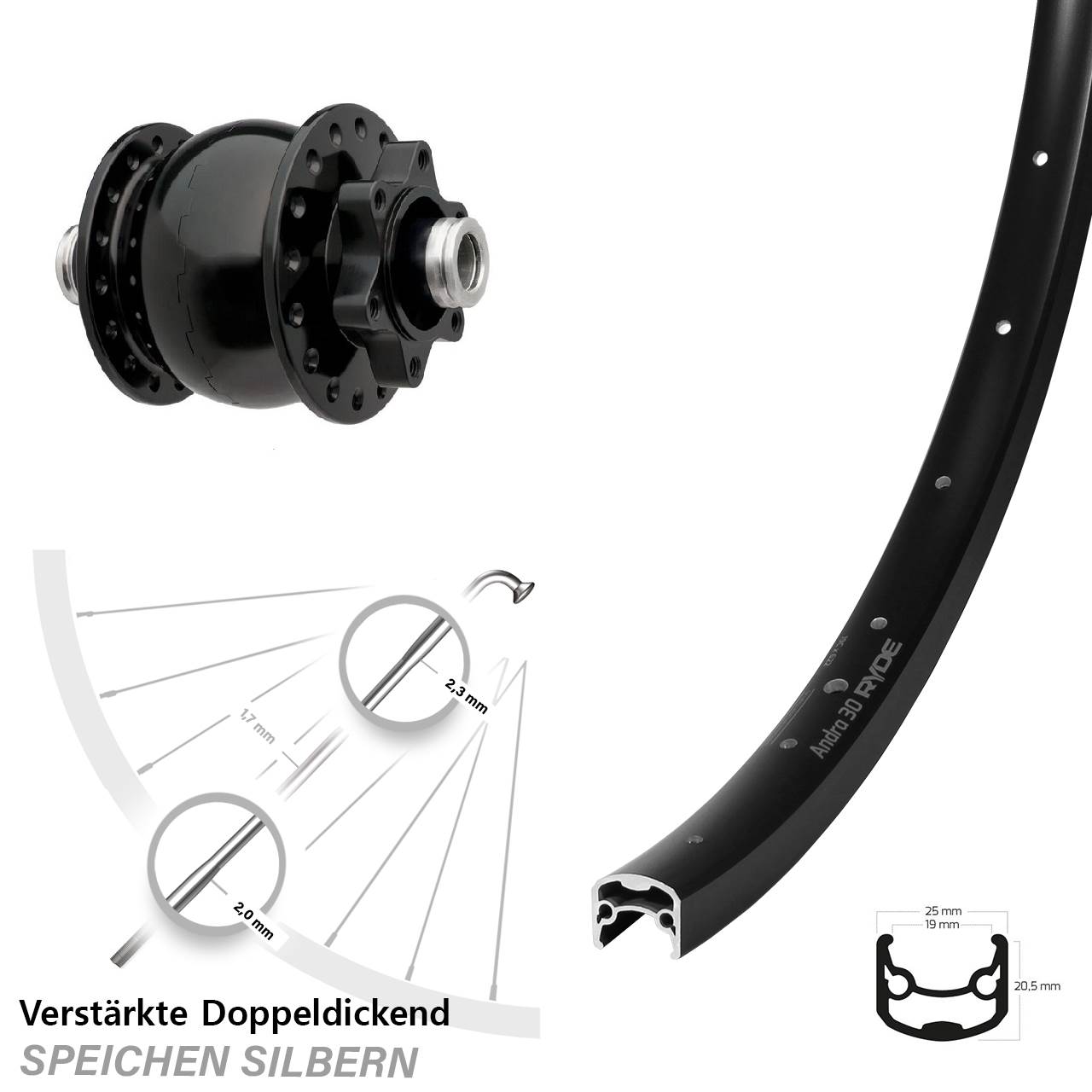 Disc Vorderrad mit Nabendynamo 28 Zoll Ryde Andra 30 SON 12x100