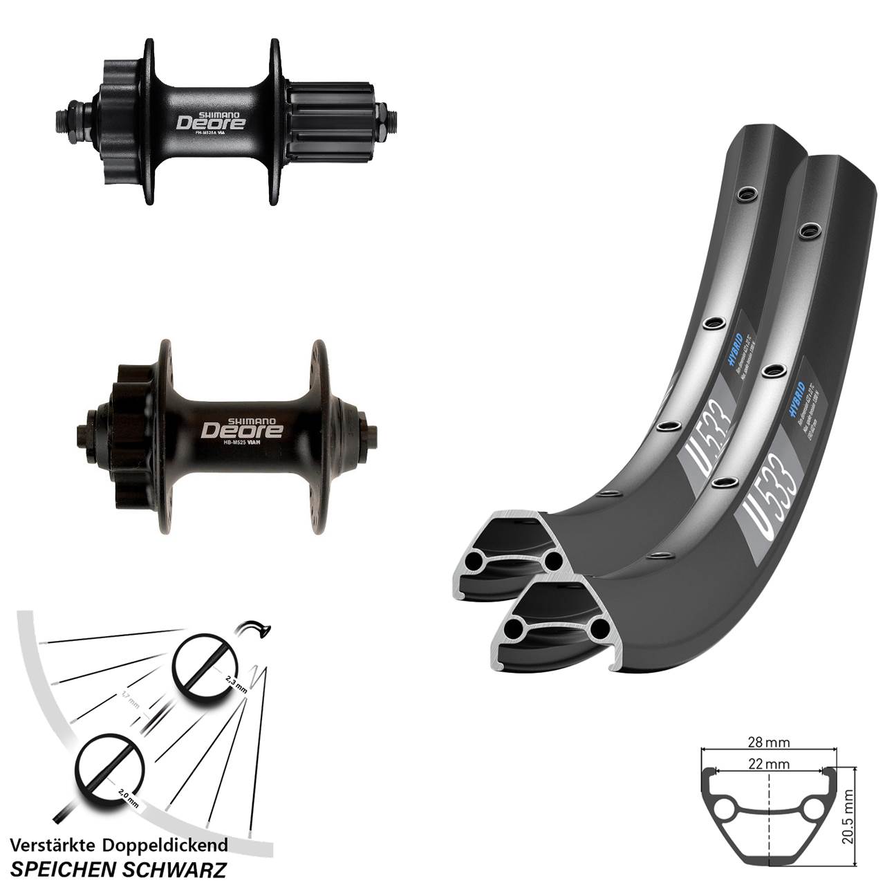 29 Zoll DT Swiss U 533 Shimano Deore HB-M525 FH-M525 6-Loch Laufradsatz QR 8