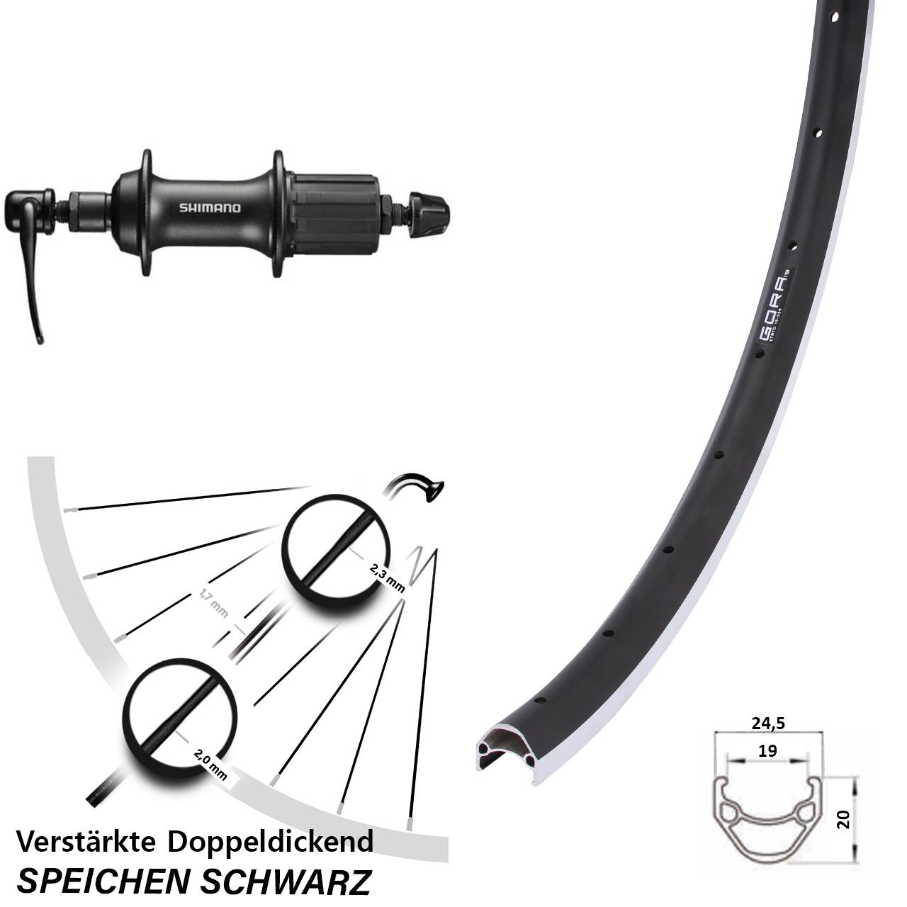 Hinterrad 26 Zoll Gora 19 Shimano FH-T3000 8-11 fach QR