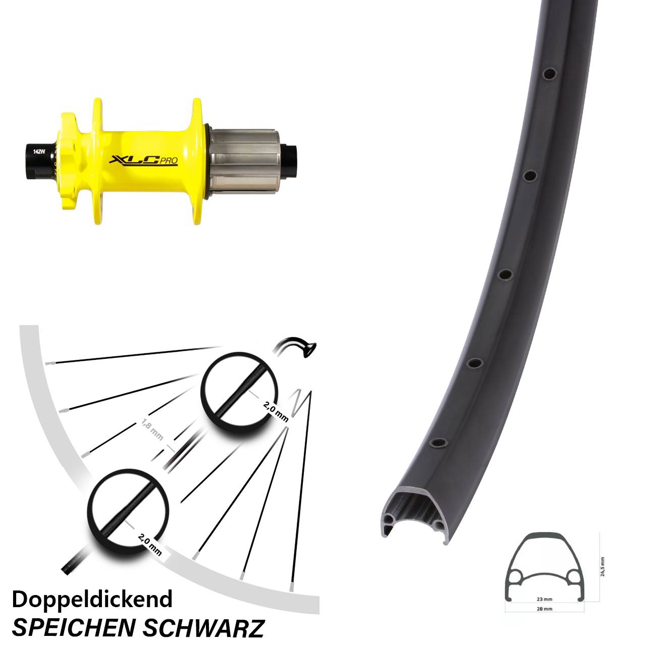 6-Loch Hinterrad 28 Zoll Ambrosio Sport XLC gelb 8-11 fach HG 12x142