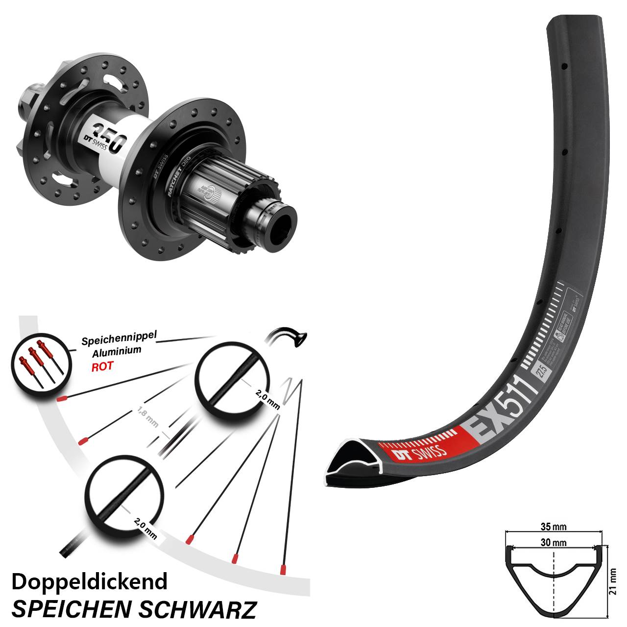 Disc Hinterrad 12x148 27,5 Zoll DT Swiss EX 511-350 DEG72 Micro Spline