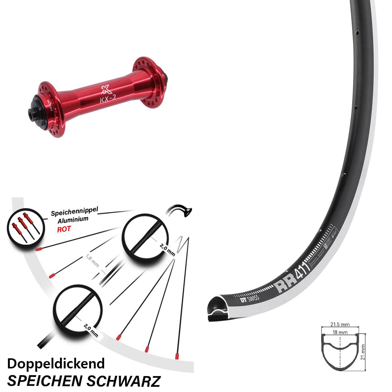 Vorderrad QR 28 Zoll DT Swiss RR411 KX-R rot