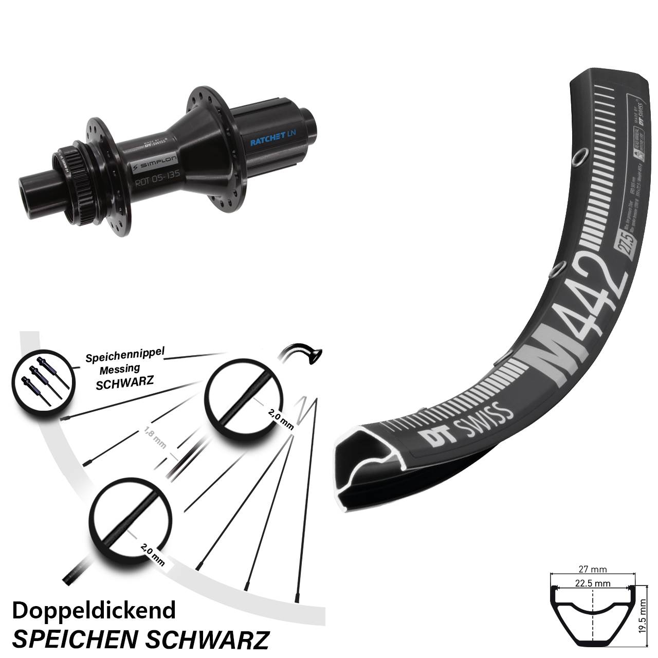 28 Zoll DT Swiss M442-370 Hybrid Centerlock Hinterrad 12x142 8-11 fach