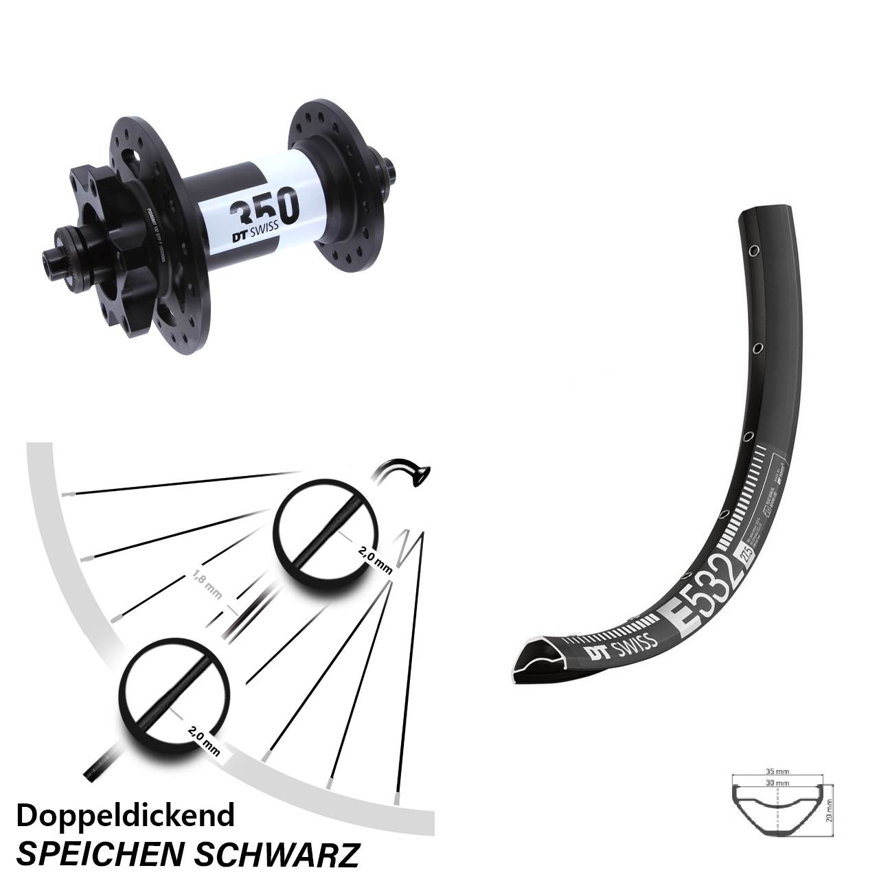 29 Zoll DT Swiss E 532-350 Vorderrad 6-Loch für Schnellspanner