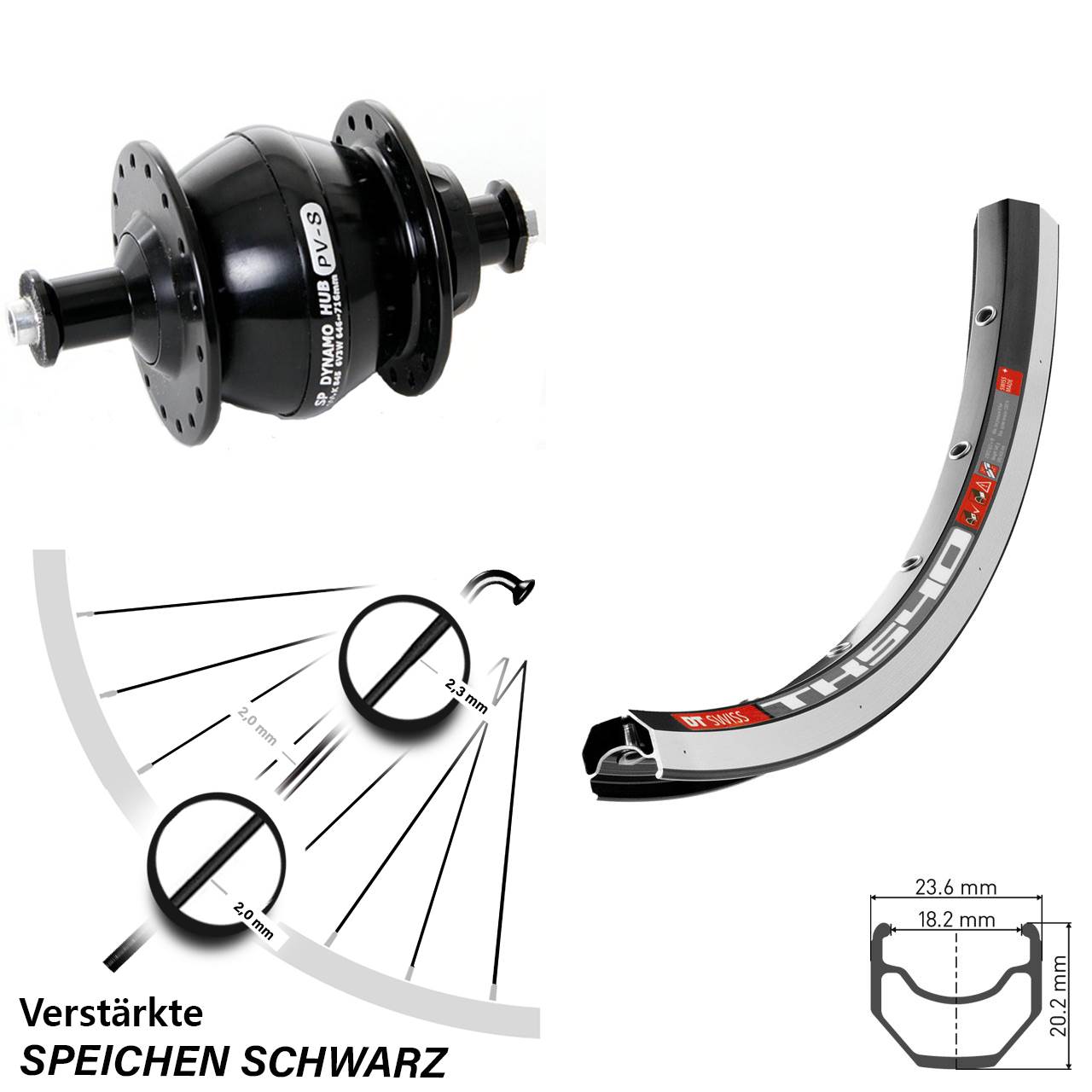 Nabendynamovorderrad für Schnellspanner 28 Zoll DT Swiss TK540 Shutter PV-8