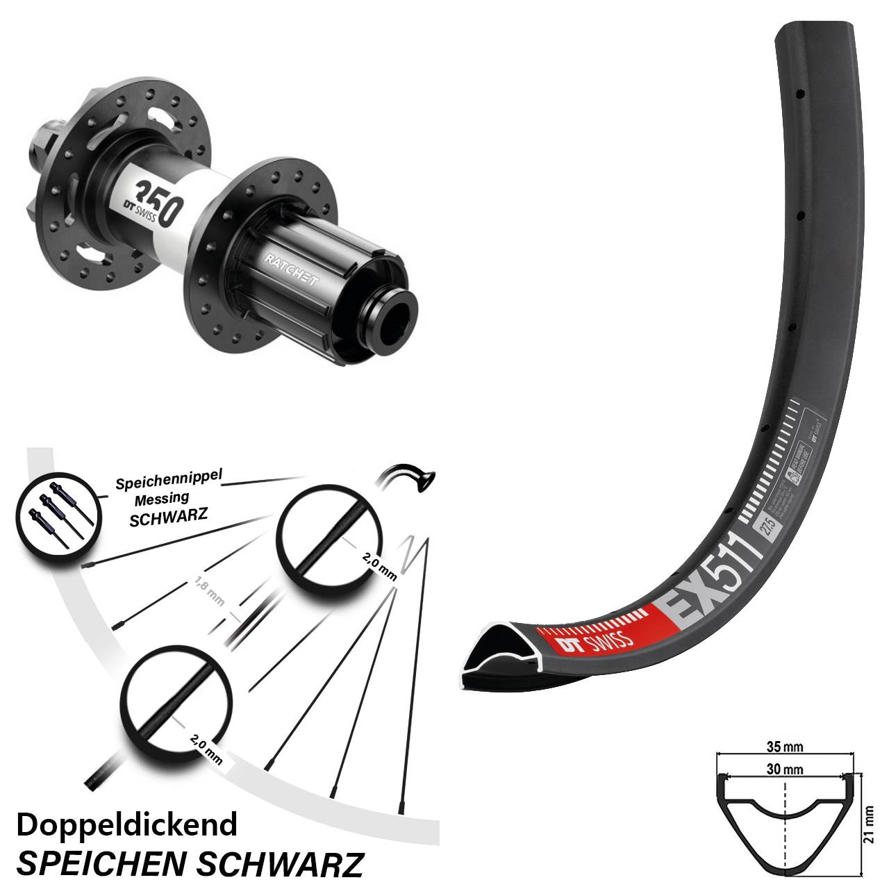 27,5 Zoll Hinterrad DT Swiss EX 511 350 6-Loch 8-11 fach 12x148