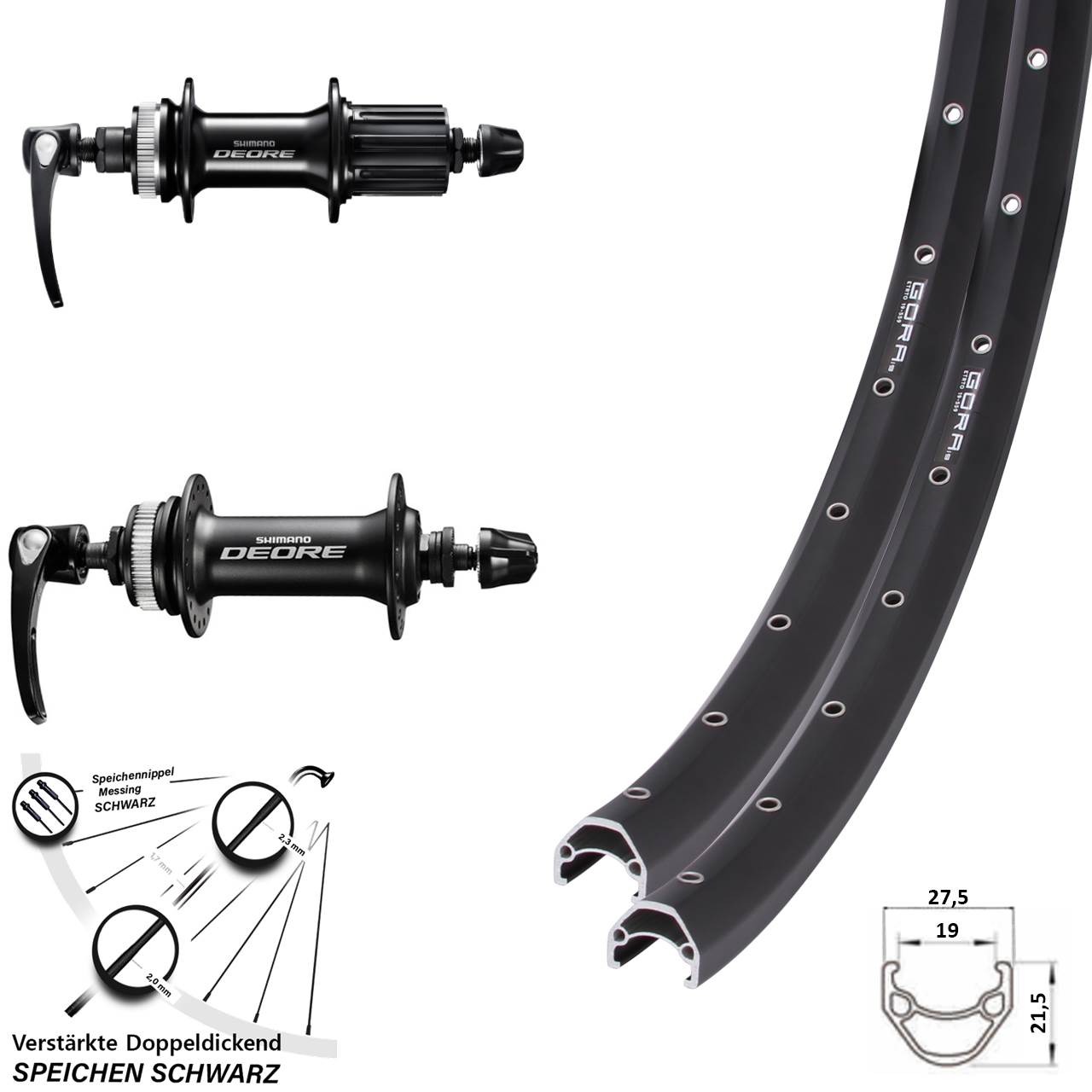 27,5 Zoll Gora 19 Shimano Deore Centerlock Laufradsatz für Schnellspanner 8-11 fach HG