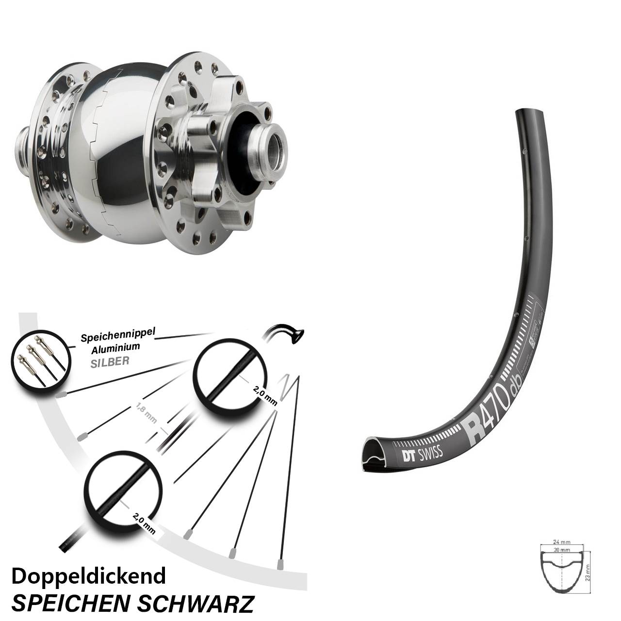 28 Zoll Vorderrad mit Nabendynamo DT Swiss R 470 Son 28-12 silbern poliert Steckachse