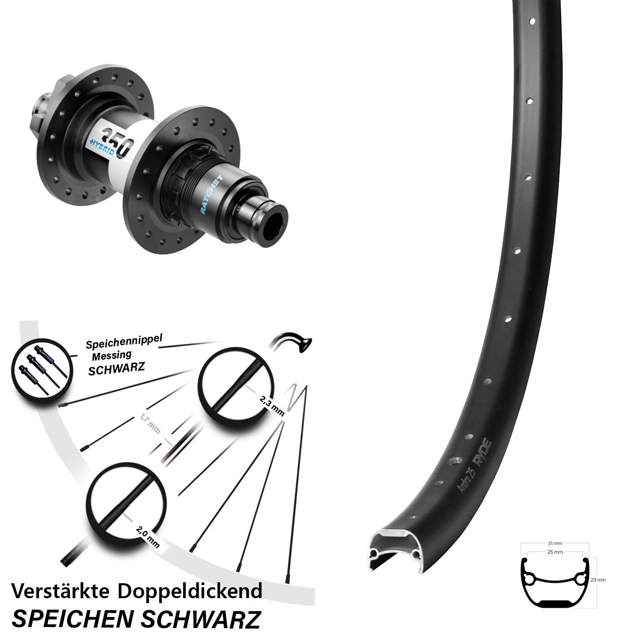 Hinterrad 6-Loch 12x148 29 Zoll Ryde Andra 25 DT Swiss 350 Hybrid SRAM XD