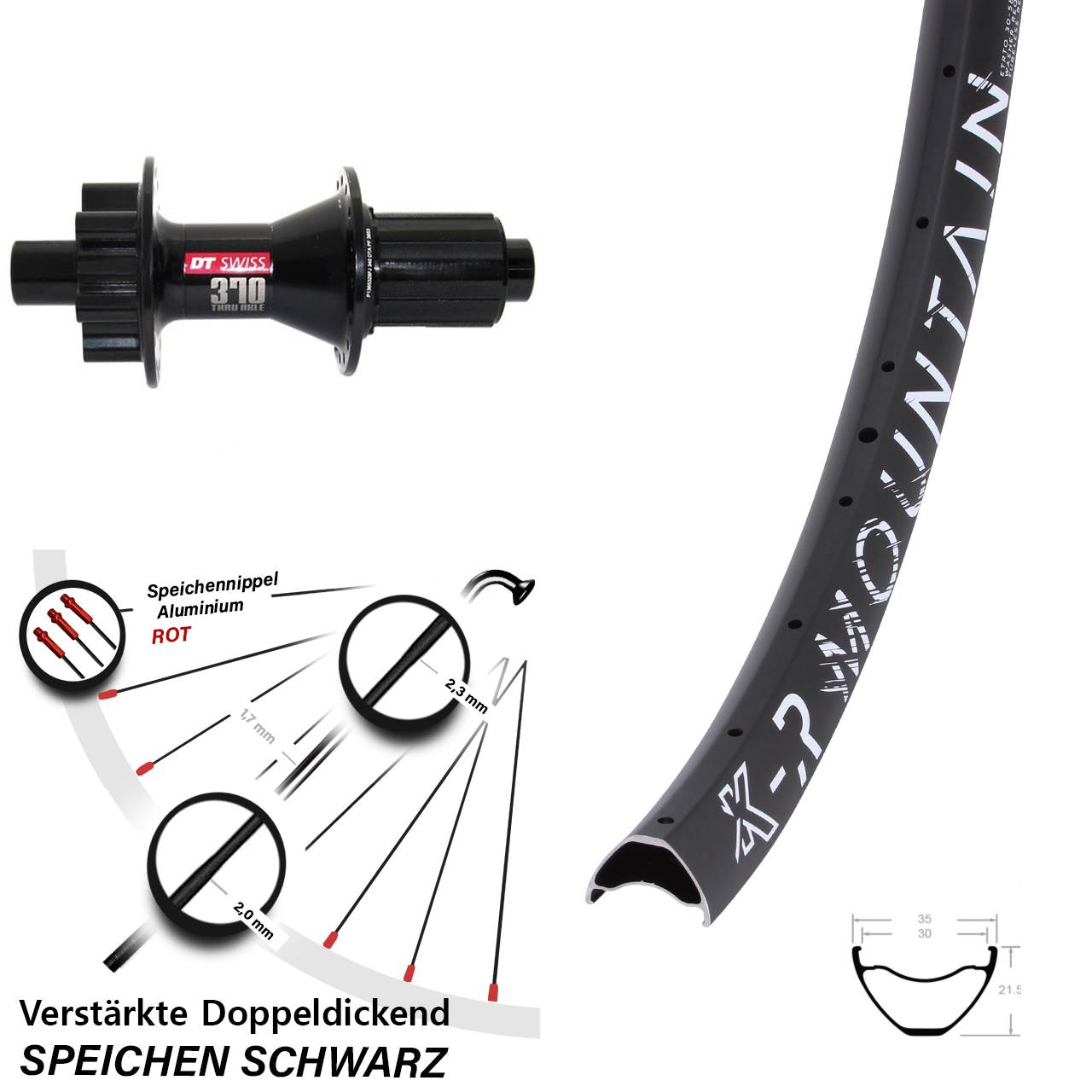 6-Loch Hinterrad 12x142 29 Zoll KX-R Mountain DT Swiss 370 Hybrid 8-11 fach HG