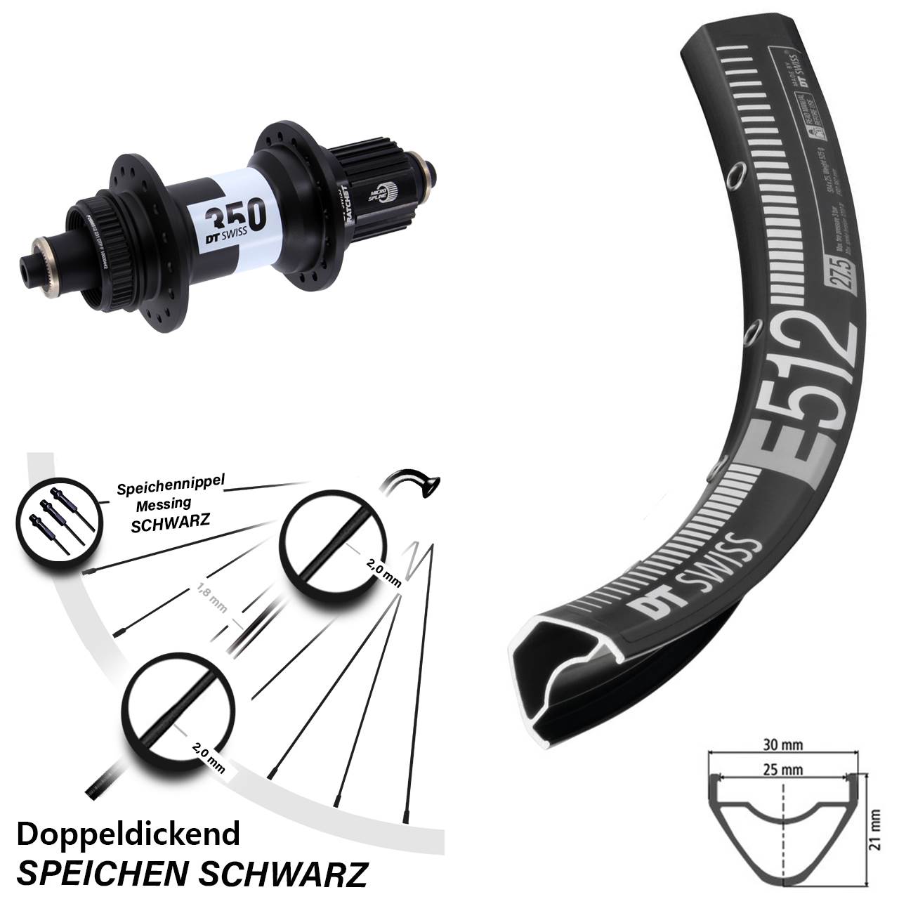 DT Swiss E 512-350 29 Zoll Hinterrad Centerlock für Schnellspanner Micro Spline
