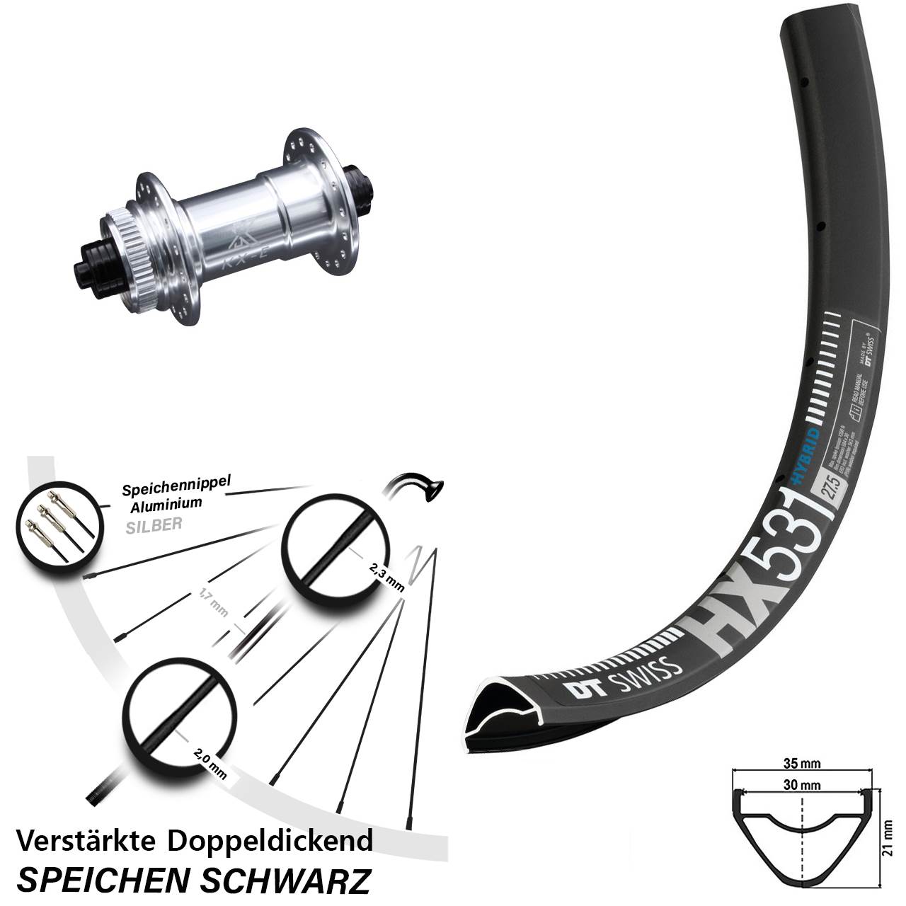 DT Swiss HX 531 KX-E verstärkt 29 Zoll Disc Vorderrad für Schnellspanner