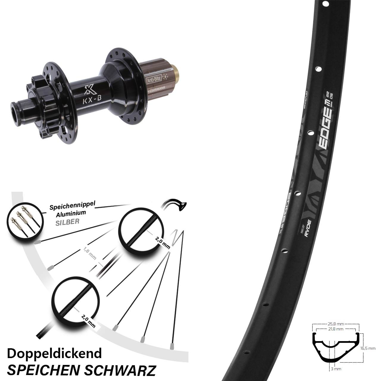 Ryde Edge M22 OS KX-B 29 Zoll 6-Loch Hinterrad 12x148 8-11 fach