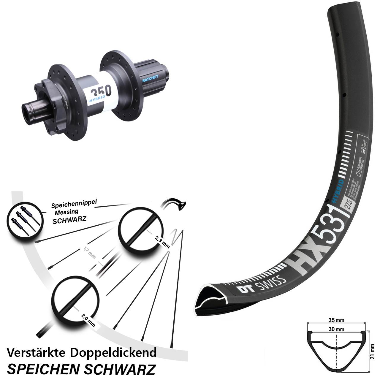 HX 531 DT Swiss 350 Hybrid Boost 12x148 mm Shimano HG Hinteres Rad 29 Zoll E-Bike