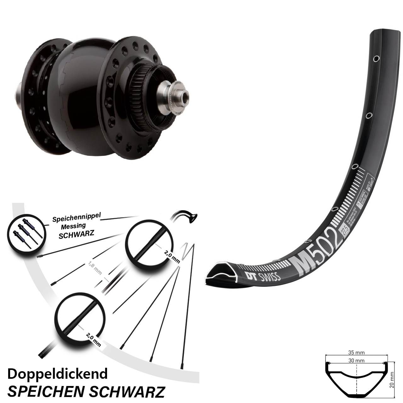 Vorderrad 29 Zoll DT Swiss M 502 SON delux Centerlock QR schwarz eloxiert