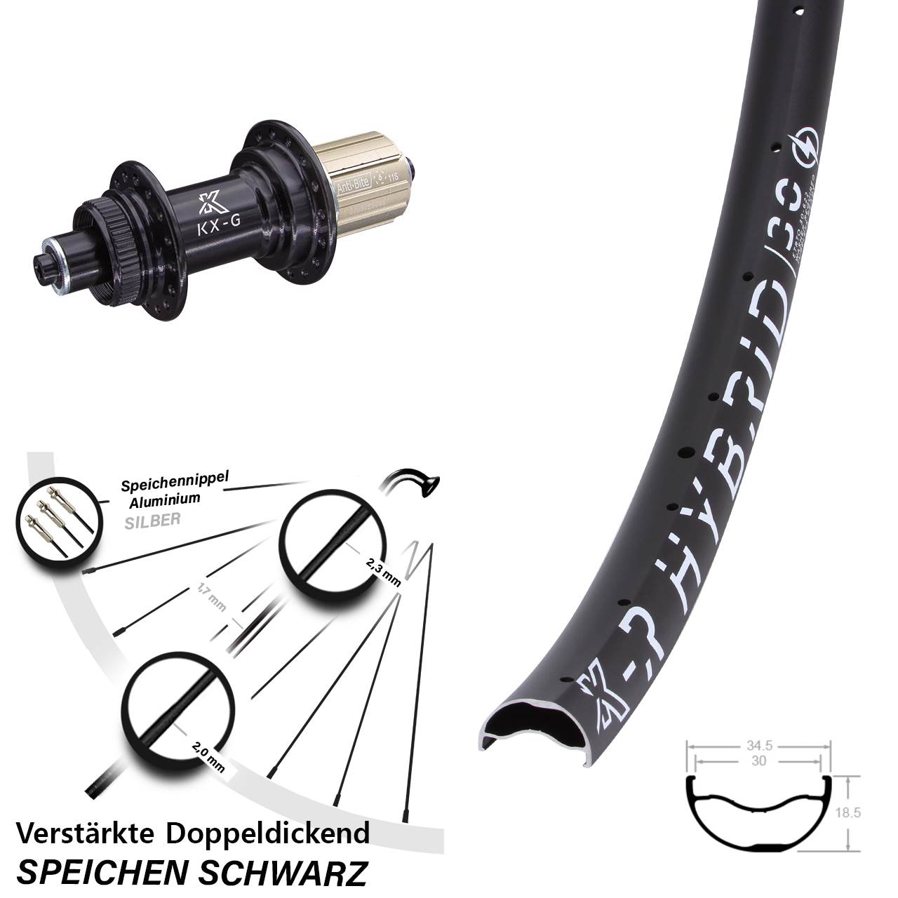 29 Zoll KX-GR Hybrid 30 Centerlock Hinterrad für Schnellspanner 8-12 fach