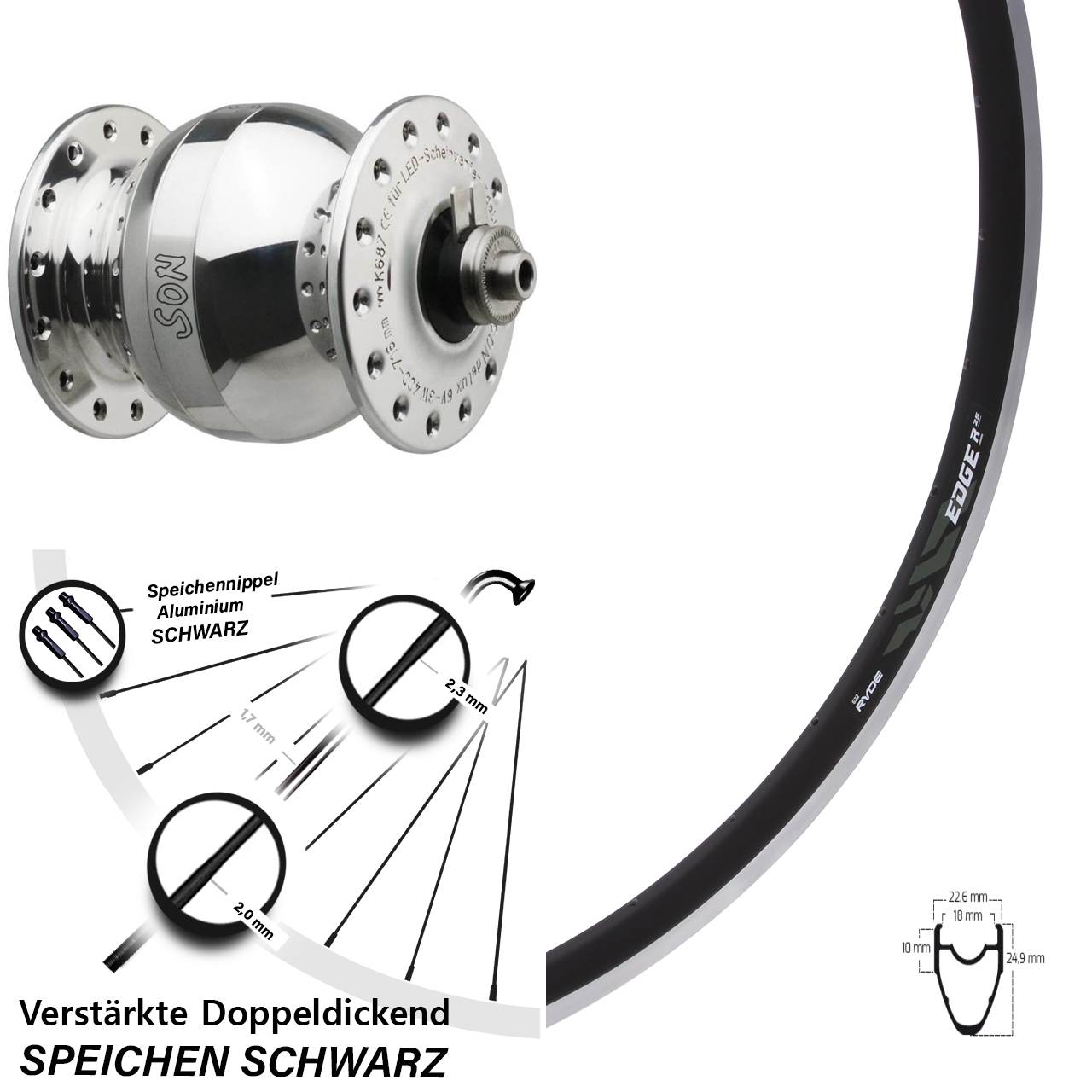 SONdelux wide body Ryde Edge R25 28 Zoll Nabendynamovorderrad für Schnellspanner
