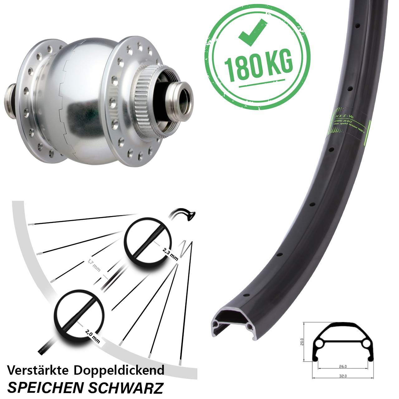 Vorderrad Bikepacking KX Evo breit Dynamo SON 28 Disc Centerlock Steckachse