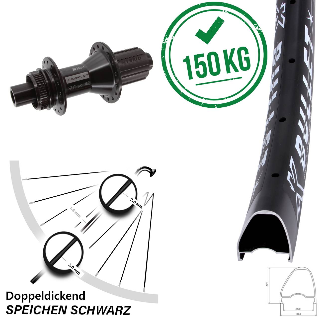 28 Zoll KX Bullet OS DT Swiss 370 Hybrid Hinterrad 12x142 8-11 fach Centerlock