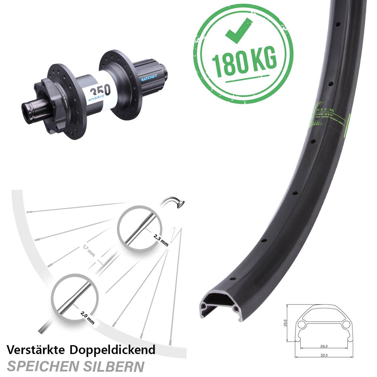 KX Evo DT Swiss 350 Hybrid 20 Zoll Disc Hinterrad 12x148 Boost 8-11 fach HG