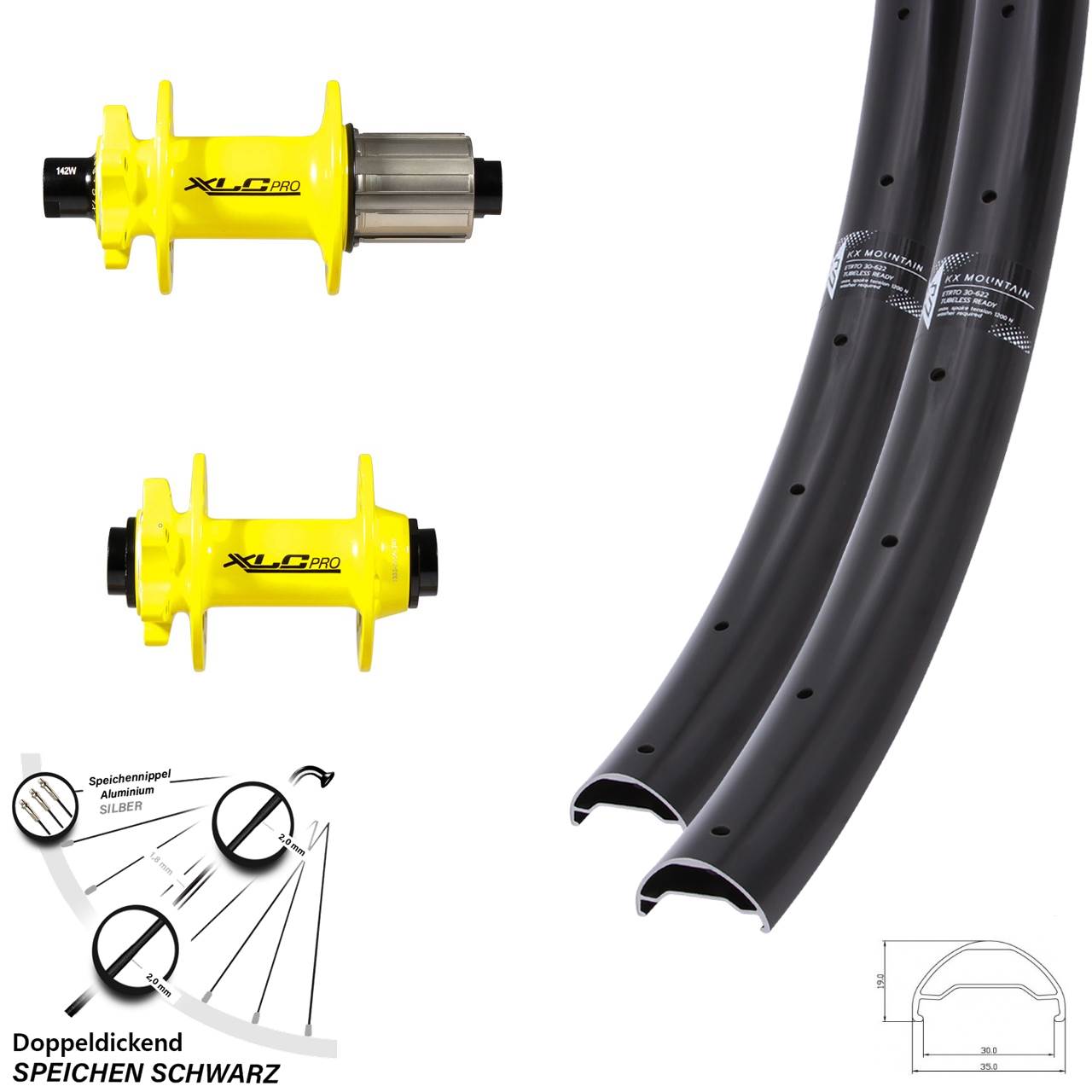 29 Zoll Laufradsatz KX Mountain 30-622 leicht und breit XLC Pro Nabe gelb Steckachse