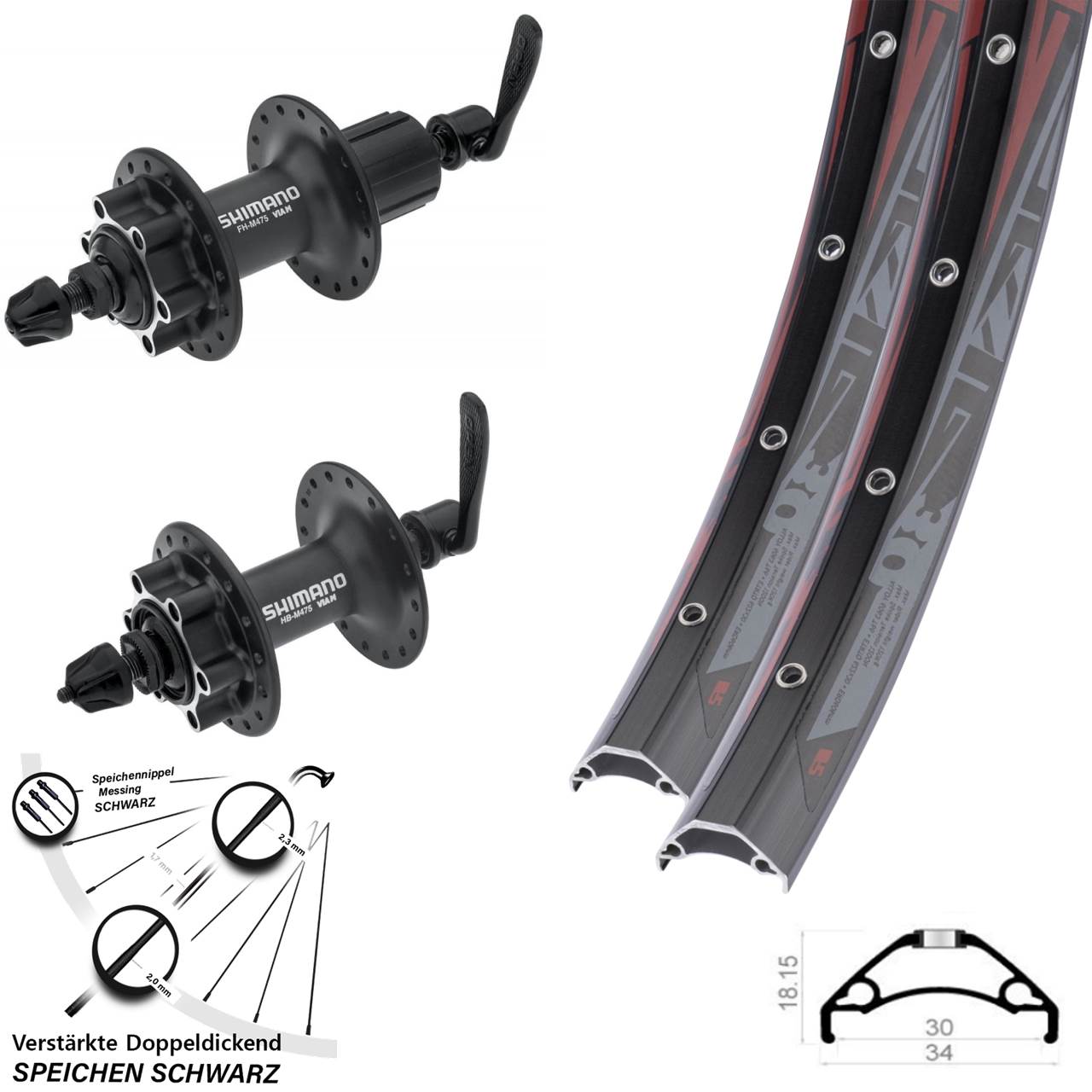 6-Loch Laufradsatz QR 29 Zoll Rodi TRYP 30 Shimano HB-M475 Shimano FH-M475 8-11 fach