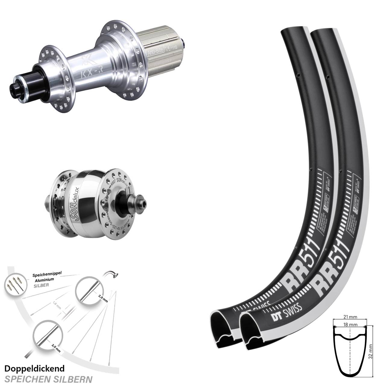 28 Zoll Laufradsatz DT Swiss RR 511 Dynamo SON delux silbern KX-R Shimano HG