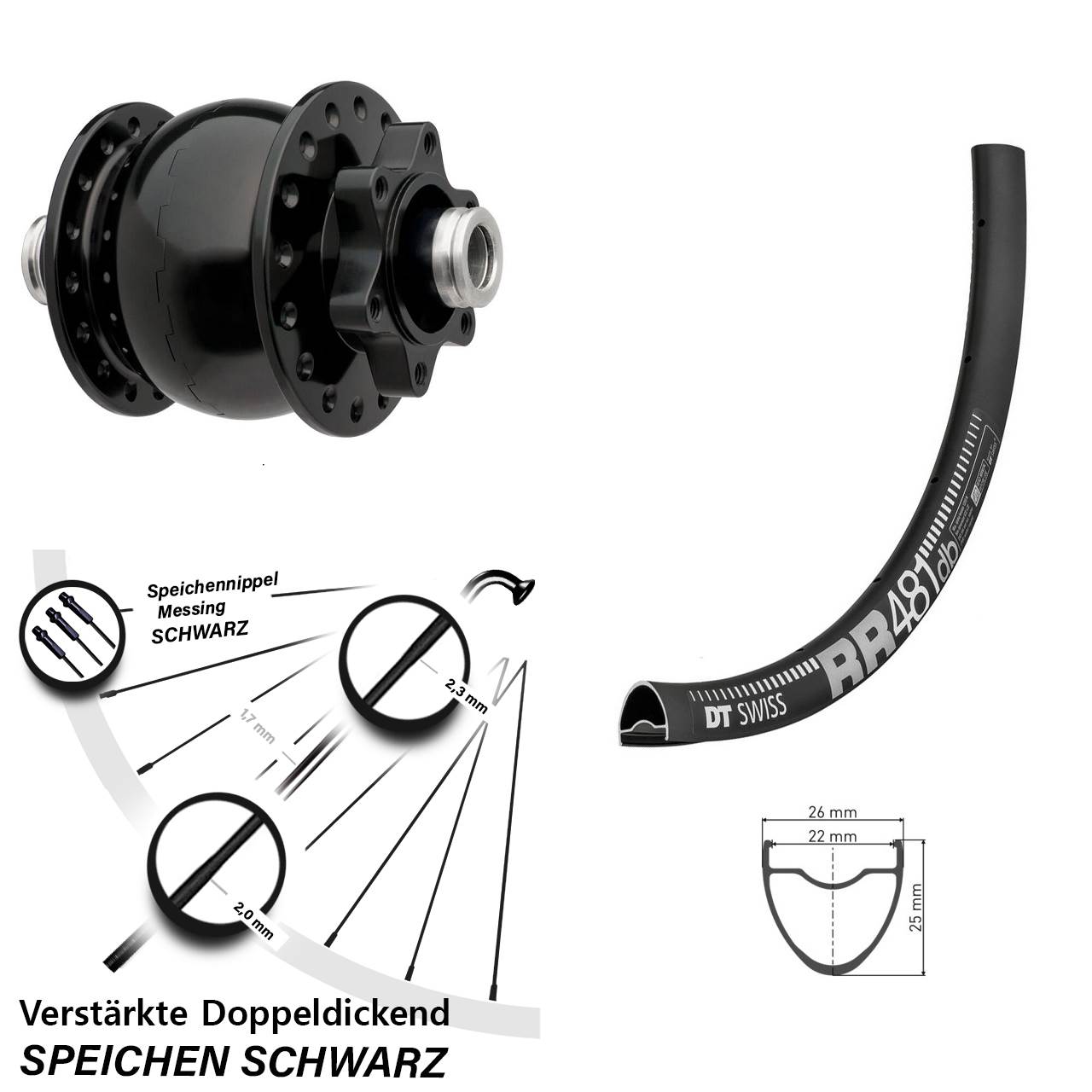 SON 28-12 Nabendynamo 6-loch DT Swiss RR 481 DB Vorderrad 28 Zoll