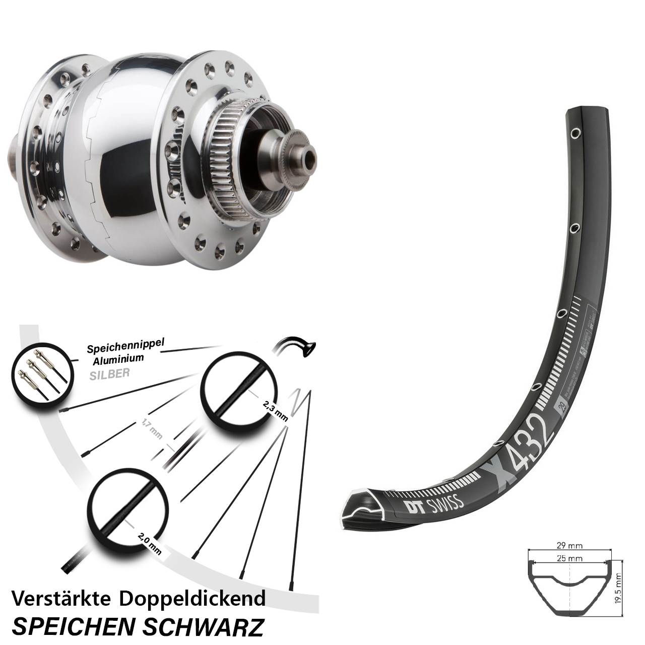 29 Zoll Nabendynamovorderrad Centerlock QR DT Swiss X 432 SONdelux