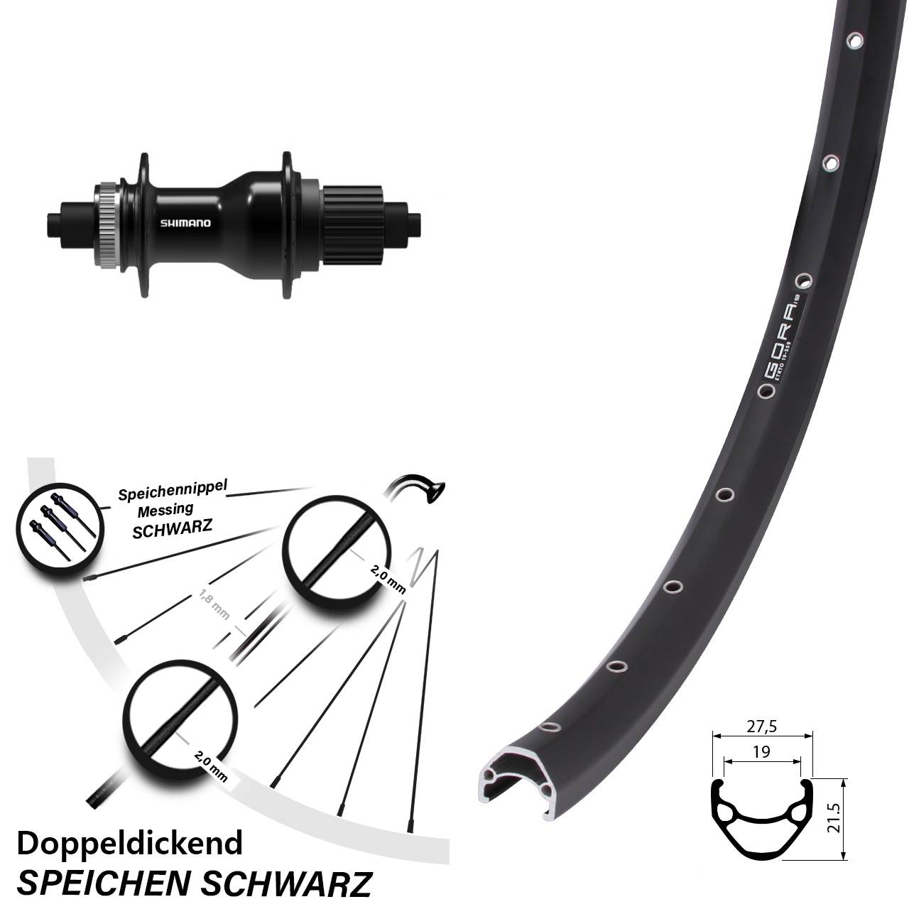 Disc Laufrad für Schnellspanner 27,5 Zoll Gora 19 Shimano FH-QC500 Micro Spline