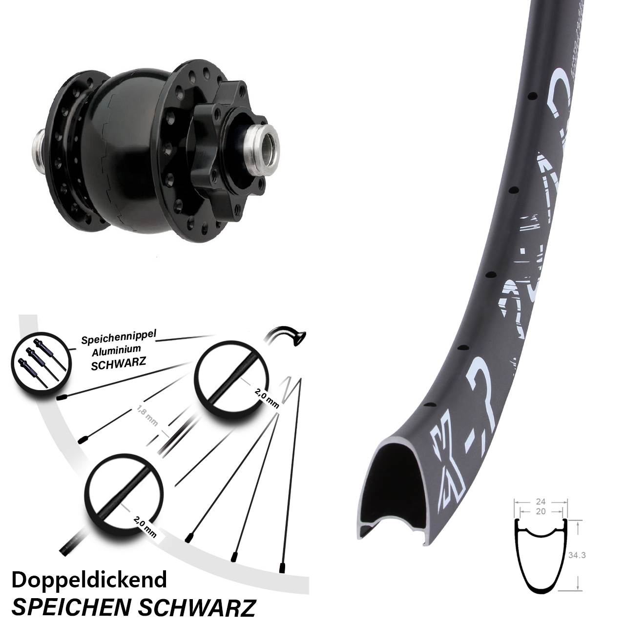 Nabendynamovorderrad 6-Loch 28 Zoll KX-R Road SON 28 12x100
