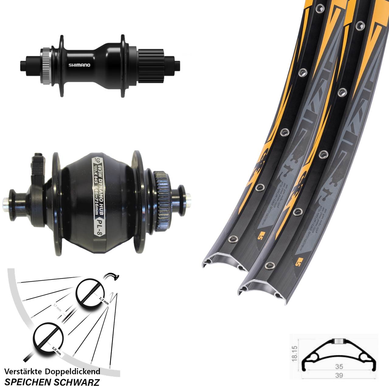 Disc Laufradsatz 27,5 Zoll Rodi TRYP 35 Shimano FH-QC500 Shutter PL-8 Micro Spline QR