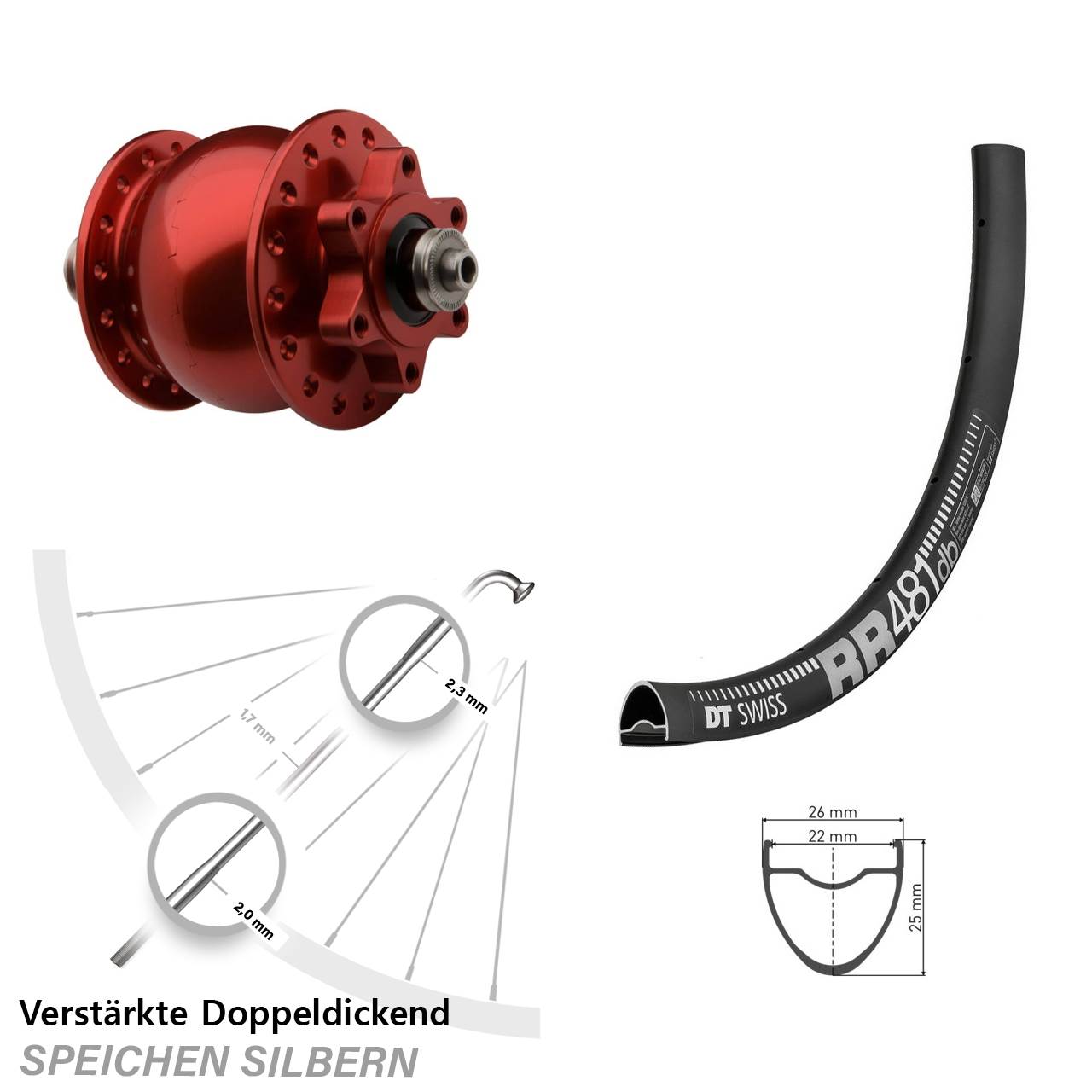 Vorderrad Son rot Disc Nabendynamo DT Swiss RR 481 DB 28 Zoll
